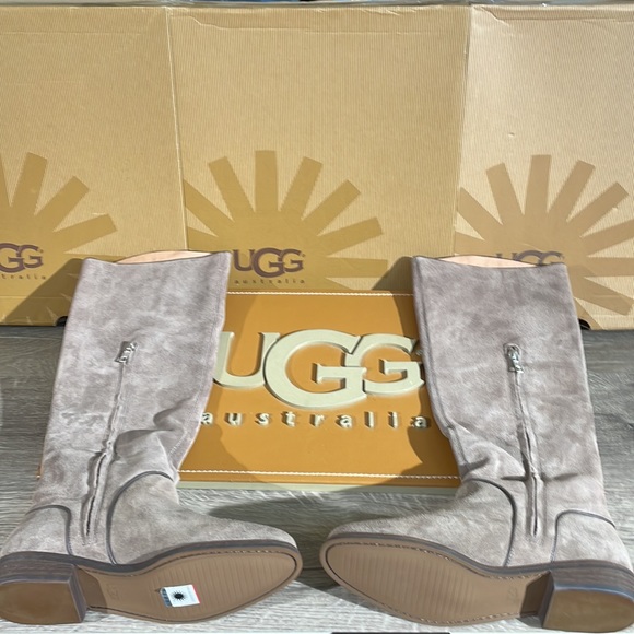 New Women’s UGG Gracen Mouse Grey Suede Knee High Zip Up Pull On Boots - Picture 2 of 6